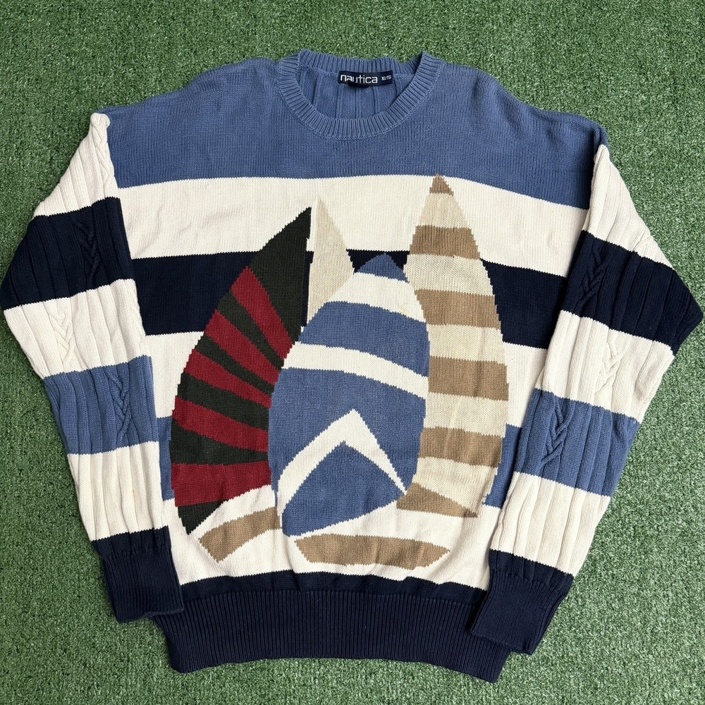 Vintage 90s Nautica Summer Sport Cotton Crewneck Sweater L Sailboat Cable Knit
